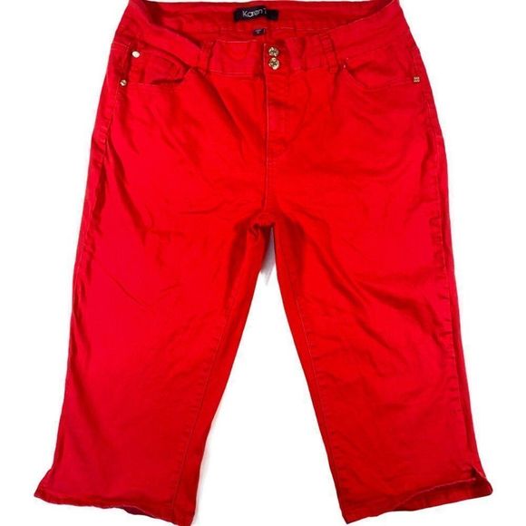 Karen T Womens Skimmer 22 Red Pedal Pusher Stretch Double Button Straight Leg - Picture 1 of 12